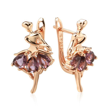 Admirable Rolled 14K Rose Gold Purple Dancer Design AAA Zircon Crystals Luxury Drop Earrings - Fashion Jewellery